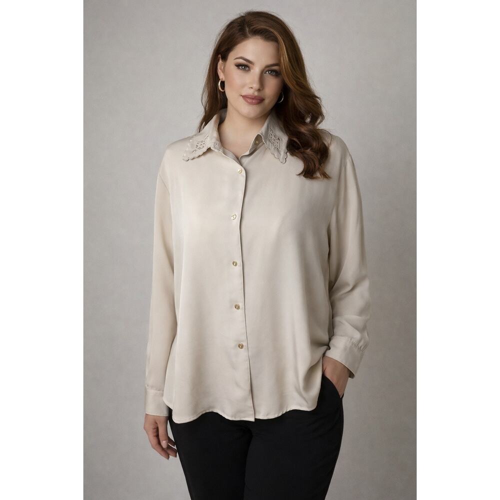 VTG N Touch Secretary 1980s Retro Button Up Floral Embroidered Long Sleeve XL